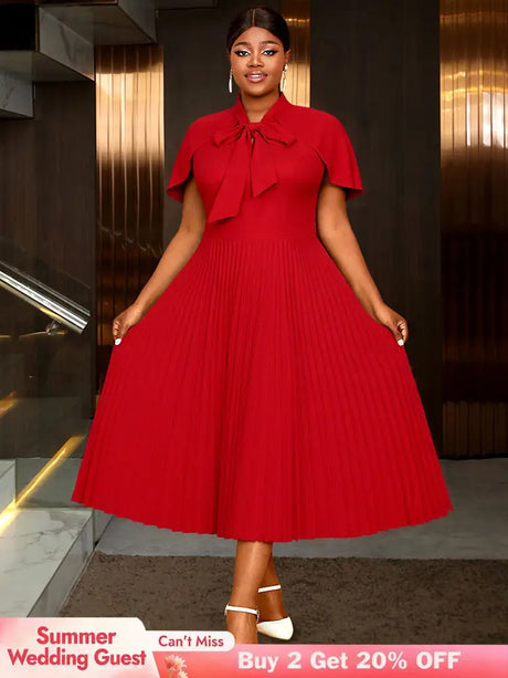 AOMEIDRESS A Line Pleated Dress Cape Sleeve Bow Collar Church Gowns Red / L