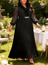 AOMEIDRESS A Line Pleated Dress Chiffon Dress Long Sheer Sleeves Gown