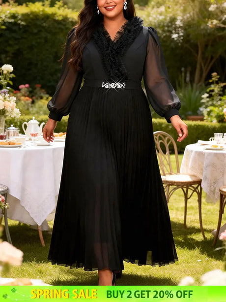 AOMEIDRESS A Line Pleated Dress Chiffon Dress Long Sheer Sleeves Gown - Black / 0XL