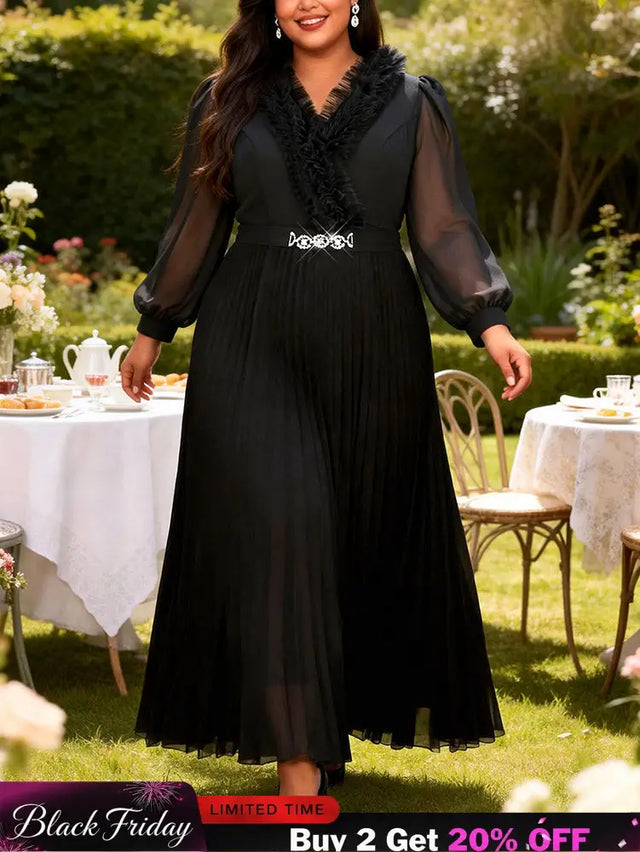 AOMEIDRESS A Line Pleated Dress Chiffon Dress Long Sheer Sleeves Gown - Black / 0XL