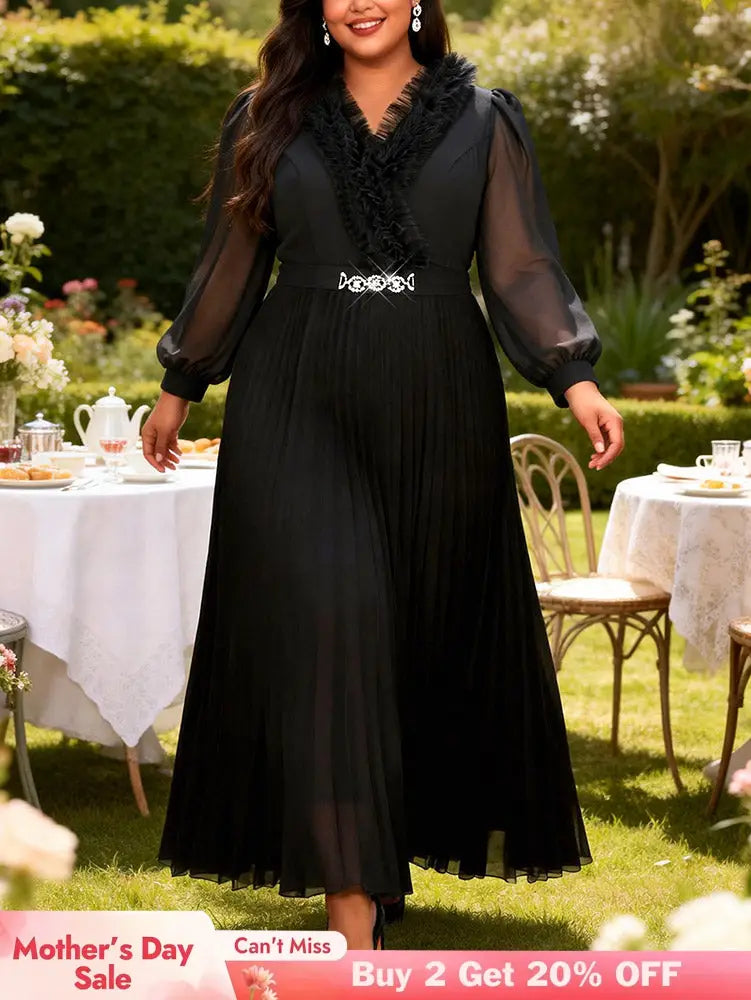 AOMEIDRESS A Line Pleated Dress Chiffon Dress Long Sheer Sleeves Gown - Black / 0XL