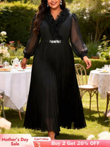 AOMEIDRESS A Line Pleated Dress Chiffon Dress Long Sheer Sleeves Gown - Black / 0XL