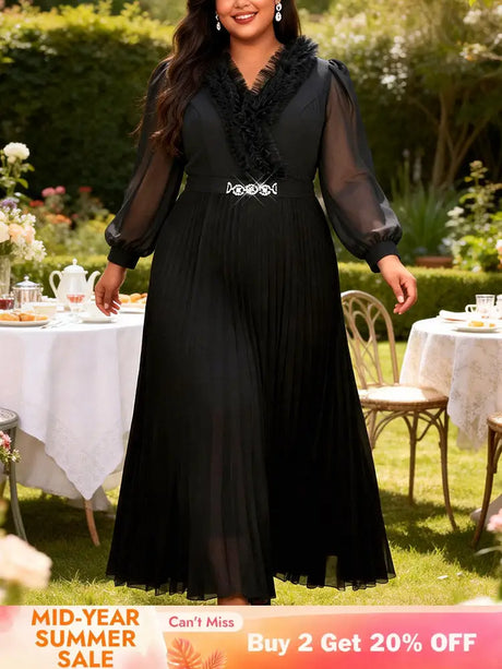 AOMEIDRESS A Line Pleated Dress Chiffon Dress Long Sheer Sleeves Gown - Black / 0XL