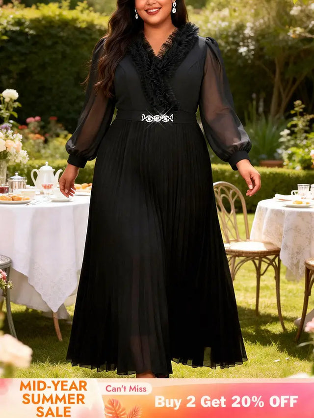 AOMEIDRESS A Line Pleated Dress Chiffon Dress Long Sheer Sleeves Gown - Black / 0XL