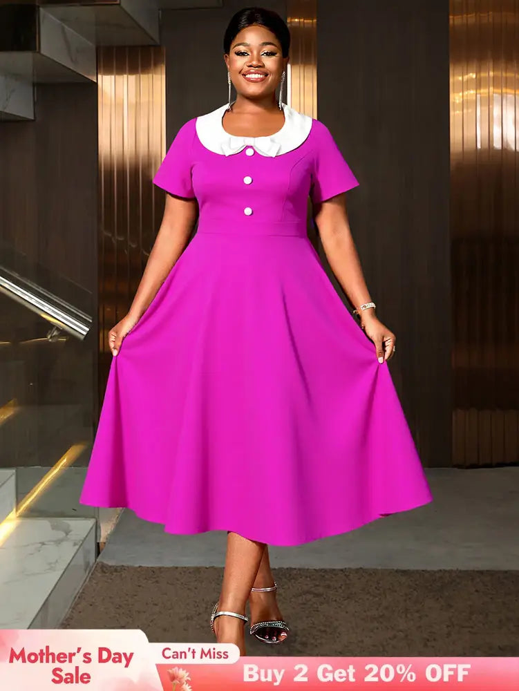 AOMEIDRESS A Line Pleated Dress Peter Pan Collar Short Sleeves Gowns Rose / L