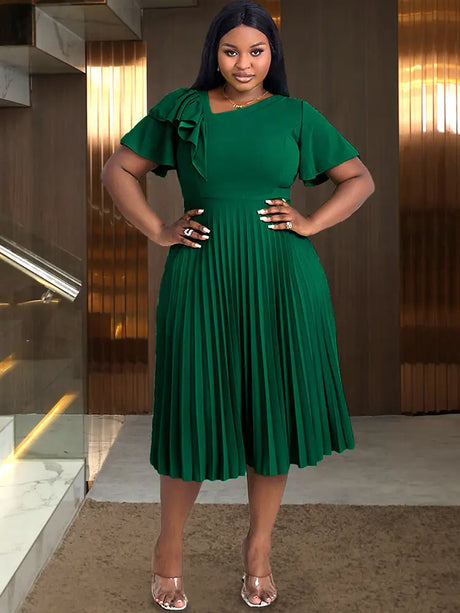 AOMEIDRESS A Line Pleated Dress Green Slash Neck Short Sleeve Ruffles DarkGreen / L