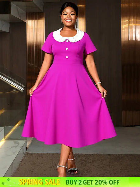 AOMEIDRESS A Line Pleated Dress Peter Pan Collar Short Sleeves Gowns Rose / L