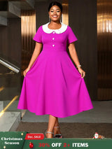 AOMEIDRESS A Line Pleated Dress Peter Pan Collar Short Sleeves Gowns Rose / L