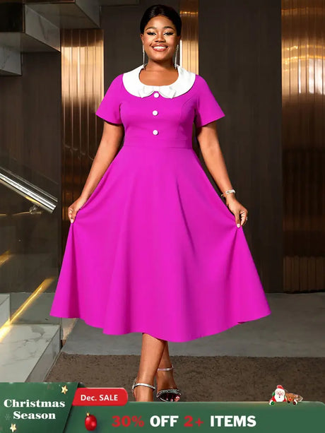 AOMEIDRESS A Line Pleated Dress Peter Pan Collar Short Sleeves Gowns Rose / L