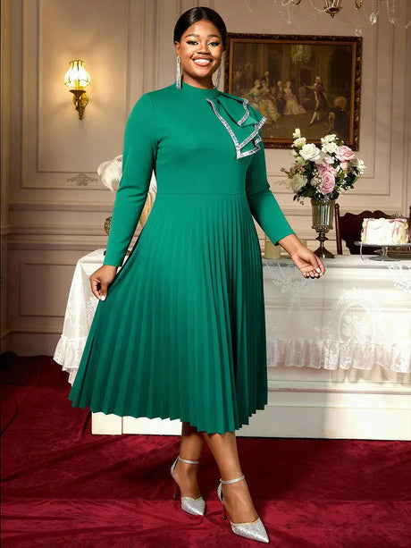 AOMEIDRESS A Line Pleated Dress Ruffles Colorblock Long Sleeves Gowns