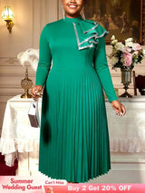 AOMEIDRESS A Line Pleated Dress Ruffles Colorblock Long Sleeves Gowns - Green / L