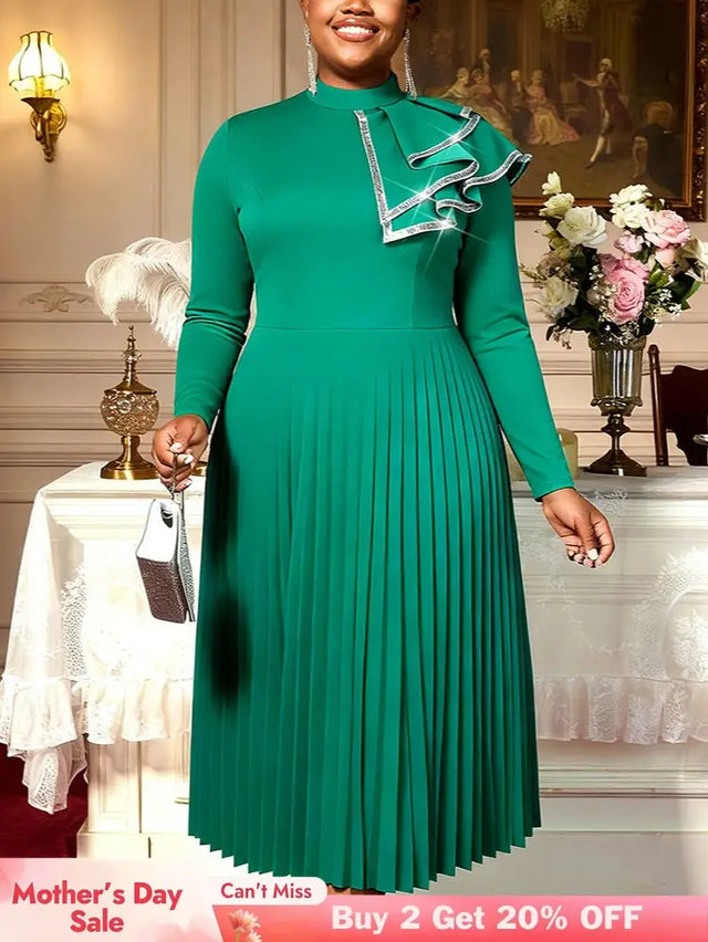 AOMEIDRESS A Line Pleated Dress Ruffles Colorblock Long Sleeves Gowns - Green / L