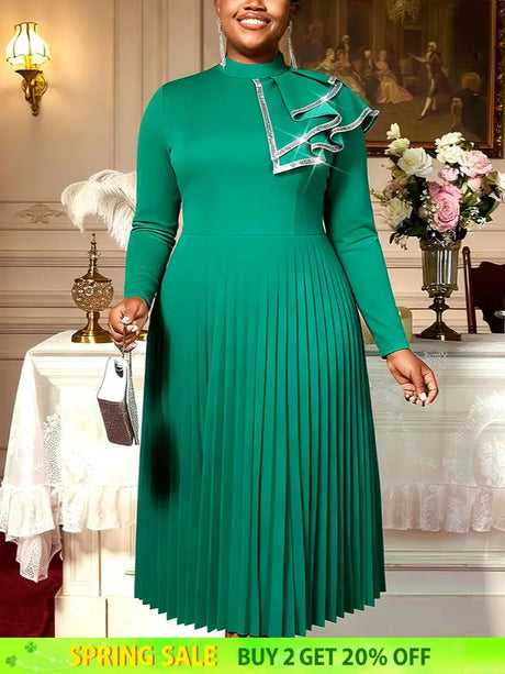 AOMEIDRESS A Line Pleated Dress Ruffles Colorblock Long Sleeves Gowns - Green / L
