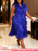 AOMEIDRESS A Line Pleated Dress Sleeveless Ruffles Chic Party Gowns - Blue / 0XL