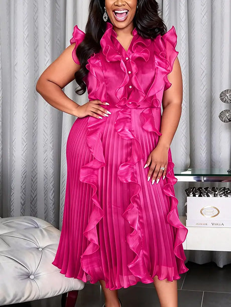 AOMEIDRESS A Line Pleated Dress Sleeveless Ruffles Chic Party Gowns - Rose / L