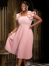 AOMEIDRESS A Line Pleated Dress Square Collar Sleeveless Ruffles