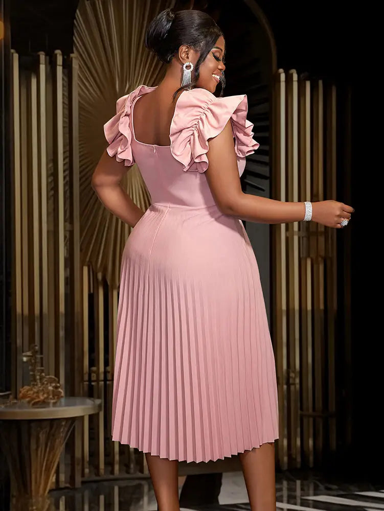 AOMEIDRESS A Line Pleated Dress Square Collar Sleeveless Ruffles