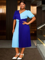 AOMEIDRESS A Line Pleated Dress V Neck Colorblock Casual Party Outfit