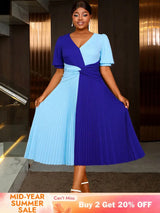 AOMEIDRESS A Line Pleated Dress V Neck Colorblock Casual Party Outfit Blue / S