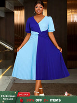 AOMEIDRESS A Line Pleated Dress V Neck Colorblock Casual Party Outfit Blue / S