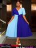 AOMEIDRESS A Line Pleated Dress V Neck Colorblock Casual Party Outfit Blue / S