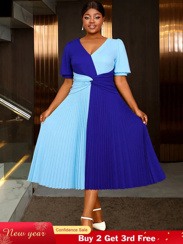 AOMEIDRESS A Line Pleated Dress V Neck Colorblock Casual Party Outfit Blue / S