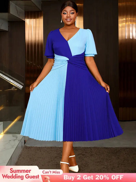 AOMEIDRESS A Line Pleated Dress V Neck Colorblock Casual Party Outfit Blue / S