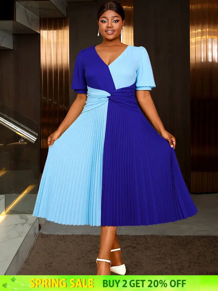 AOMEIDRESS A Line Pleated Dress V Neck Colorblock Casual Party Outfit Blue / S