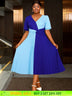 AOMEIDRESS A Line Pleated Dress V Neck Colorblock Casual Party Outfit Blue / S