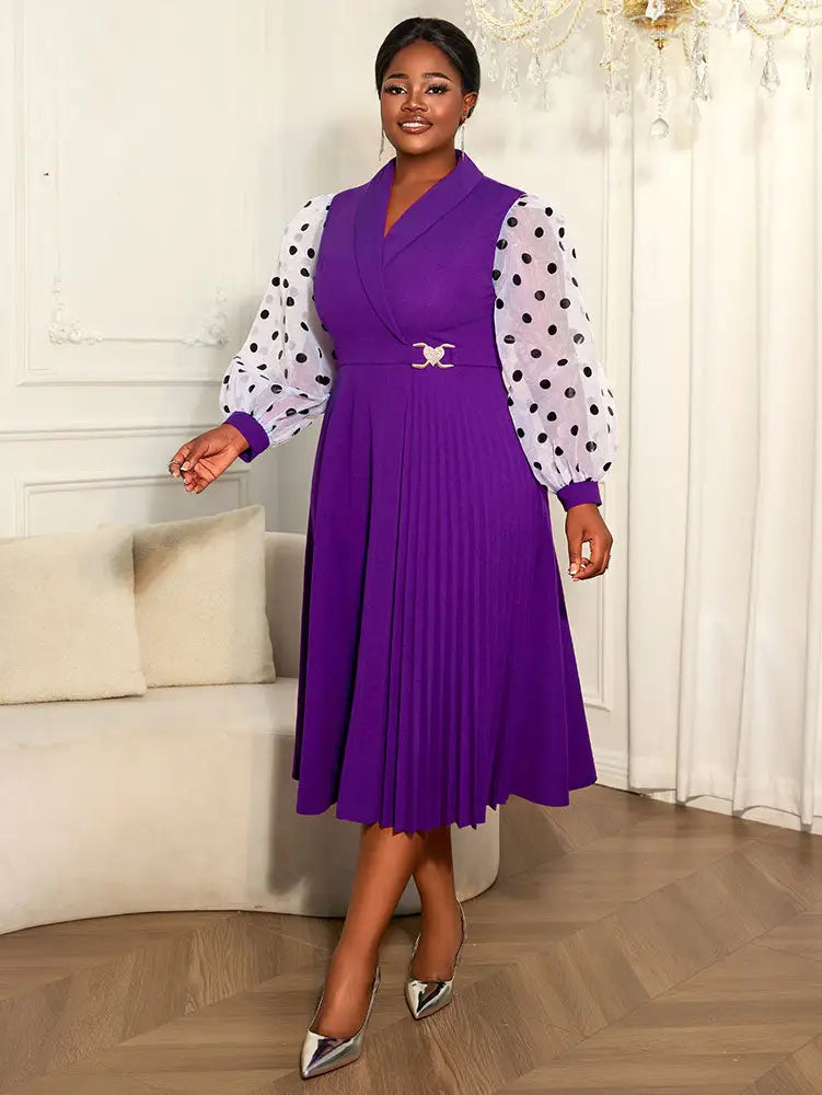 AOMEIDRESS A Line Pleated Dress V Neck Sheer Dot Puff Sleeves Gowns