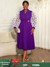 AOMEIDRESS A Line Pleated Dress V Neck Sheer Dot Puff Sleeves Gowns DeepPurple / L