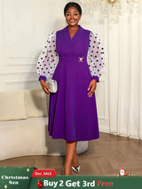 AOMEIDRESS A Line Pleated Dress V Neck Sheer Dot Puff Sleeves Gowns DeepPurple / L