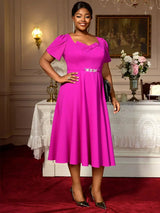 AOMEIDRESS A Line Pleated Dress V Neck Short Sleeve with Diamond Belt