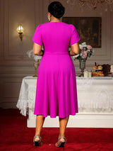 AOMEIDRESS A Line Pleated Dress V Neck Short Sleeve with Diamond Belt