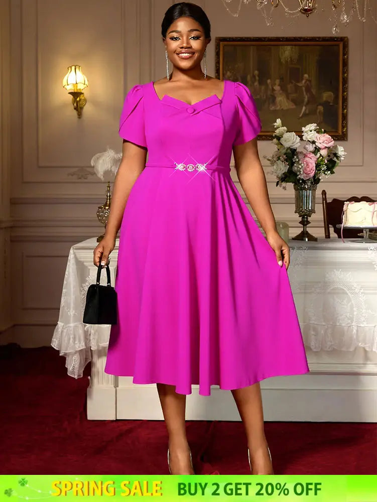 AOMEIDRESS A Line Pleated Dress V Neck Short Sleeve with Diamond Belt Rose / L