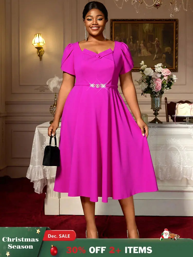 AOMEIDRESS A Line Pleated Dress V Neck Short Sleeve with Diamond Belt Rose / L