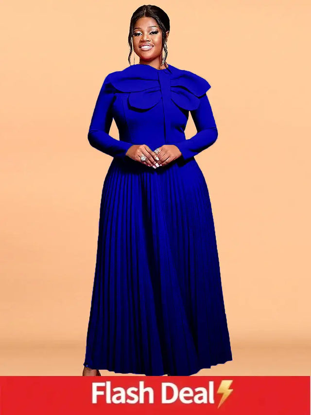 AOMEIDRESS A Line Pleated Dress with Long Sleeves Oversize 3D Flower Blue / L