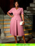 AOMEIDRESS A-Line Pleated Office Dress V-Neck Short Sleeve Button Up Pink / S