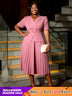 AOMEIDRESS A-Line Pleated Office Dress V-Neck Short Sleeve Button Up Pink / S