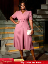 AOMEIDRESS A-Line Pleated Office Dress V-Neck Short Sleeve Button Up Pink / S