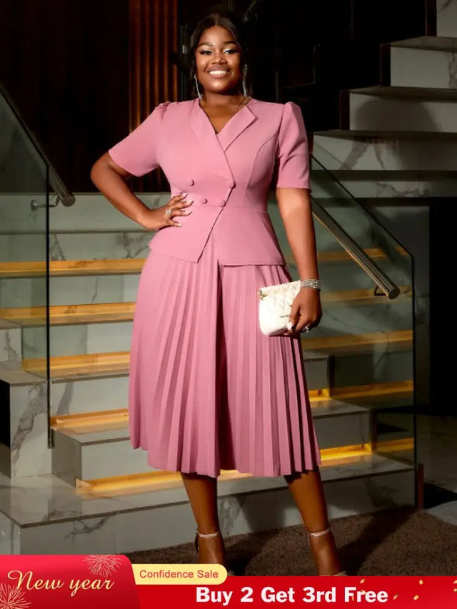 AOMEIDRESS A-Line Pleated Office Dress V-Neck Short Sleeve Button Up Pink / S