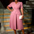 AOMEIDRESS A-Line Pleated Office Dress V-Neck Short Sleeve Button Up Pink / S