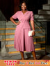 AOMEIDRESS A-Line Pleated Office Dress V-Neck Short Sleeve Button Up Pink / S