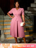 AOMEIDRESS A-Line Pleated Office Dress V-Neck Short Sleeve Button Up Pink / S