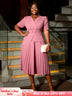 AOMEIDRESS A-Line Pleated Office Dress V-Neck Short Sleeve Button Up Pink / S