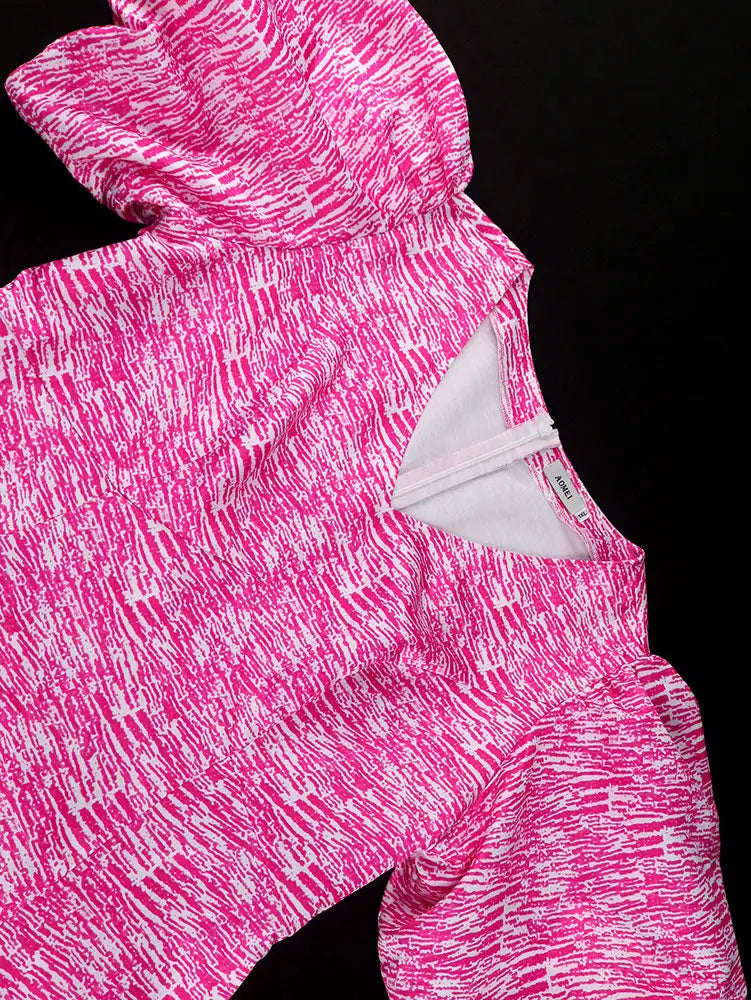 AOMEIDRESS A Line Printed Dress V Neck Short Puff Sleeves Causal Wear