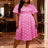AOMEIDRESS A Line Printed Dress V Neck Short Puff Sleeves Causal Wear Rose / L