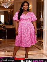 AOMEIDRESS A Line Printed Dress V Neck Short Puff Sleeves Causal Wear Rose / L