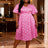 AOMEIDRESS A Line Printed Dress V Neck Short Puff Sleeves Causal Wear Rose / L
