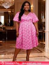 AOMEIDRESS A Line Printed Dress V Neck Short Puff Sleeves Causal Wear Rose / L